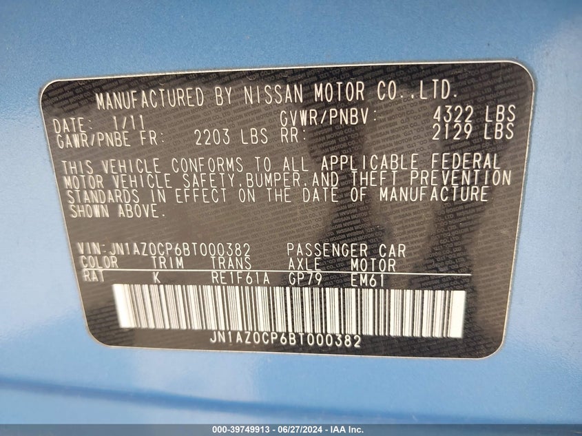 2011 Nissan Leaf Sv/Sl VIN: JN1AZ0CP6BT000382 Lot: 39749913