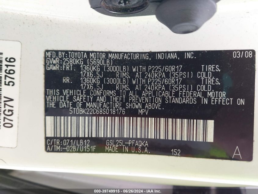 2008 Toyota Sienna Xle VIN: 5TDBK22C68S018176 Lot: 39749915