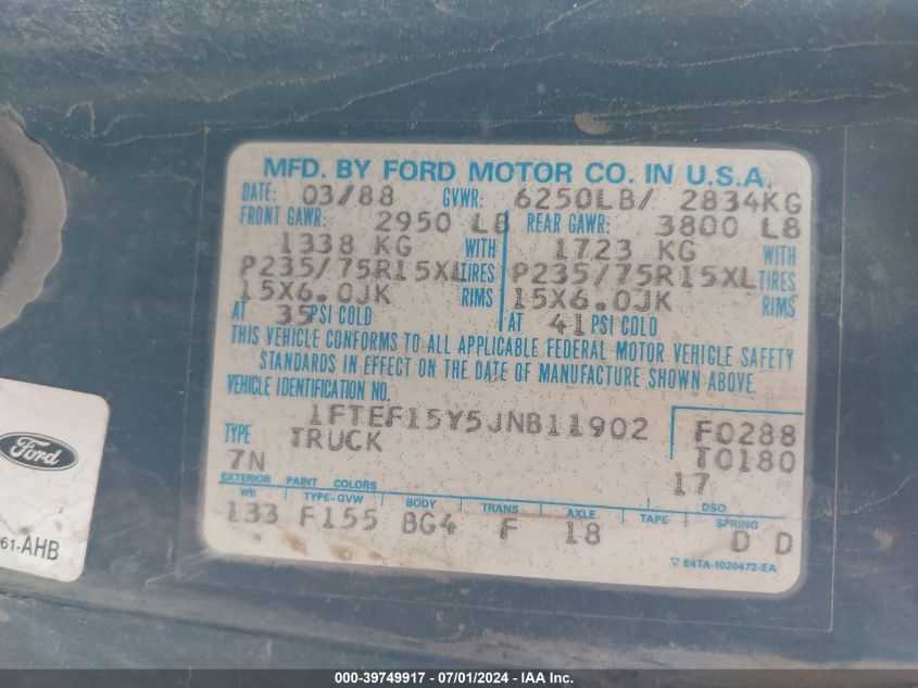 1988 Ford F150 VIN: 1FTEF15Y5JNB11902 Lot: 39749917