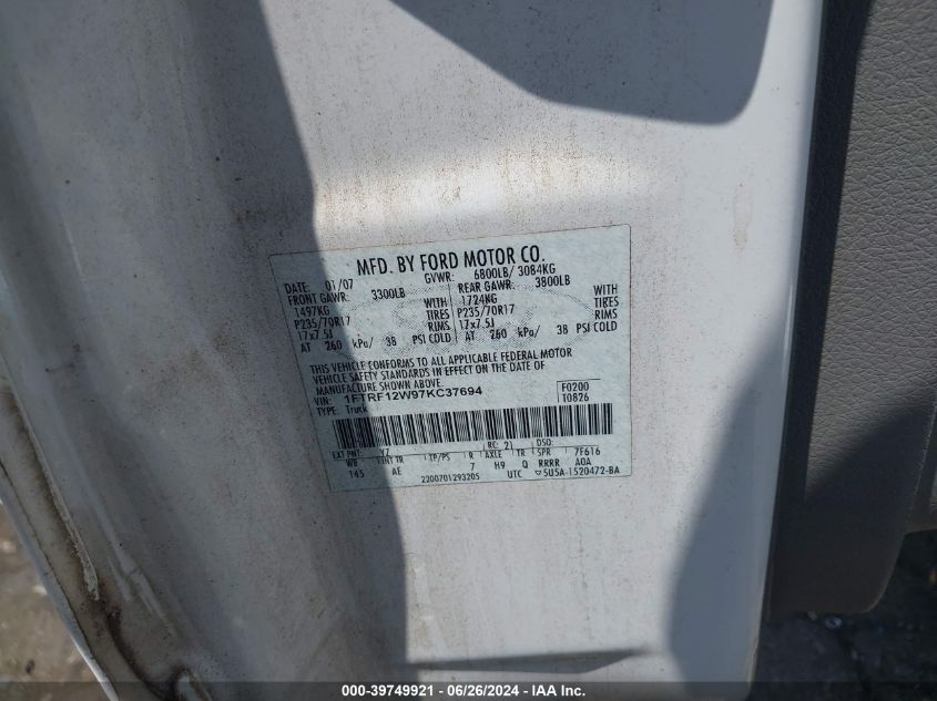 2007 Ford F-150 Stx/Xl/Xlt VIN: 1FTRF12W97KC37694 Lot: 39749921