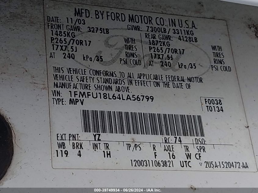 2004 Ford Expedition Eddie Bauer VIN: 1FMFU18L64LA56799 Lot: 39749934