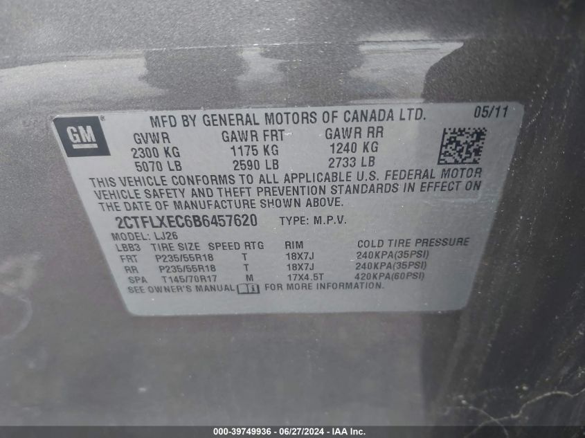 2011 GMC Terrain Slt-2 VIN: 2CTFLXEC6B6457620 Lot: 39749936