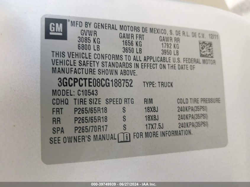 2012 Chevrolet Silverado 1500 Ltz VIN: 3GCPCTE08CG188752 Lot: 39749939