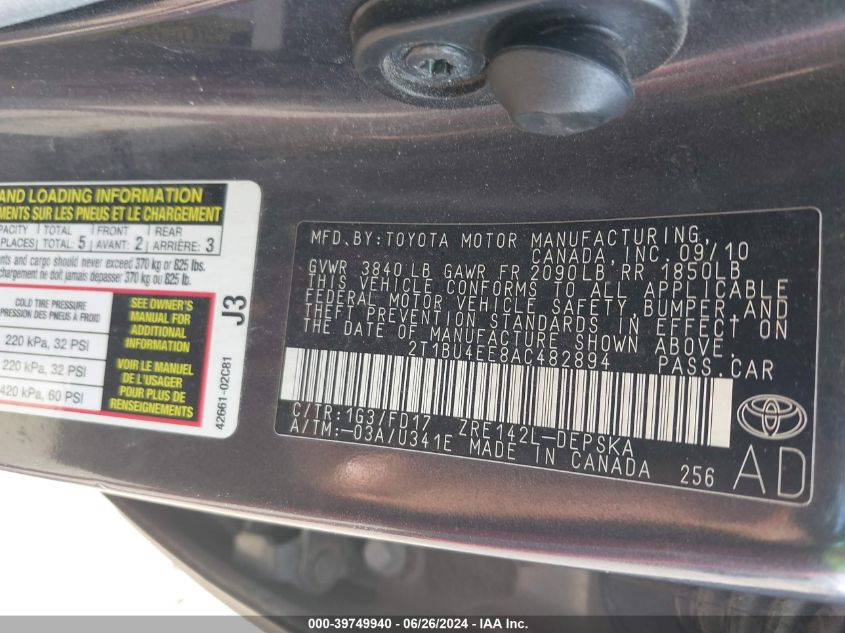 2010 Toyota Corolla S VIN: 2T1BU4EE8AC482894 Lot: 39749940