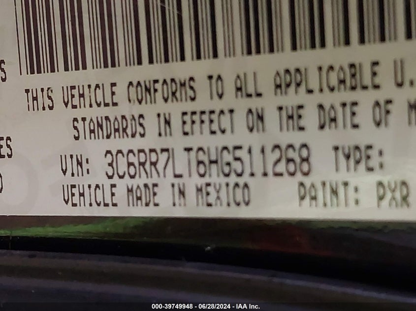 2017 Ram 1500 Big Horn 4X4 5'7 Box VIN: 3C6RR7LT6HG511268 Lot: 39749948