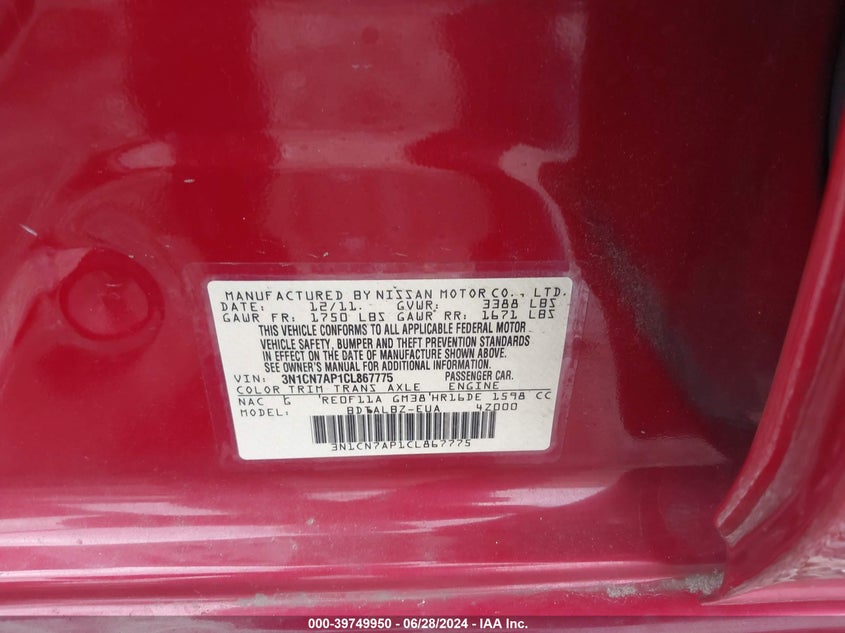 2012 Nissan Versa S/Sv/Sl VIN: 3N1CN7AP1CL867775 Lot: 39749950