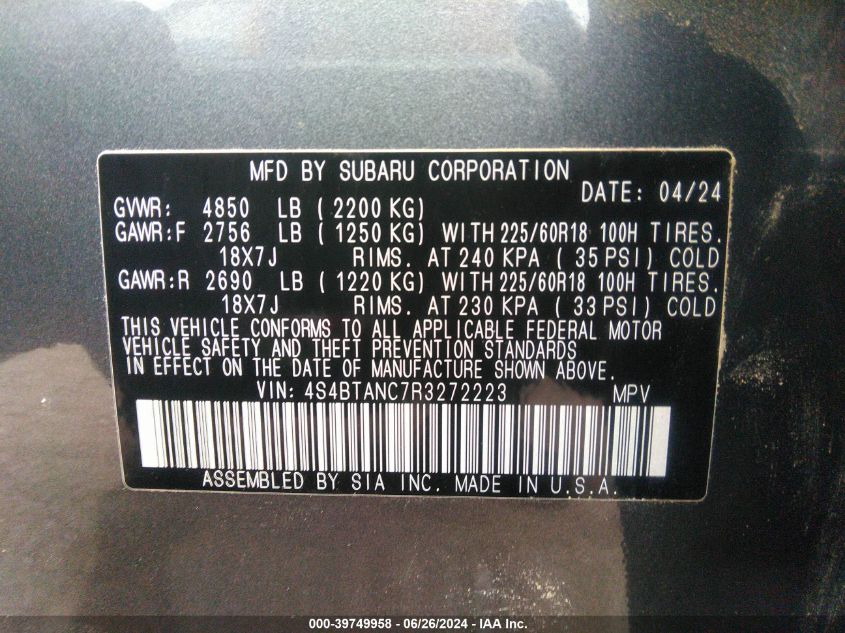 2024 Subaru Outback Limited VIN: 4S4BTANC7R3272223 Lot: 39749958