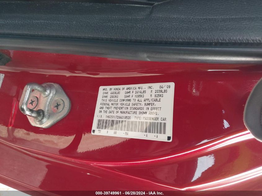 2009 Honda Accord 2.4 Ex VIN: 1HGCS11729A018520 Lot: 39749961