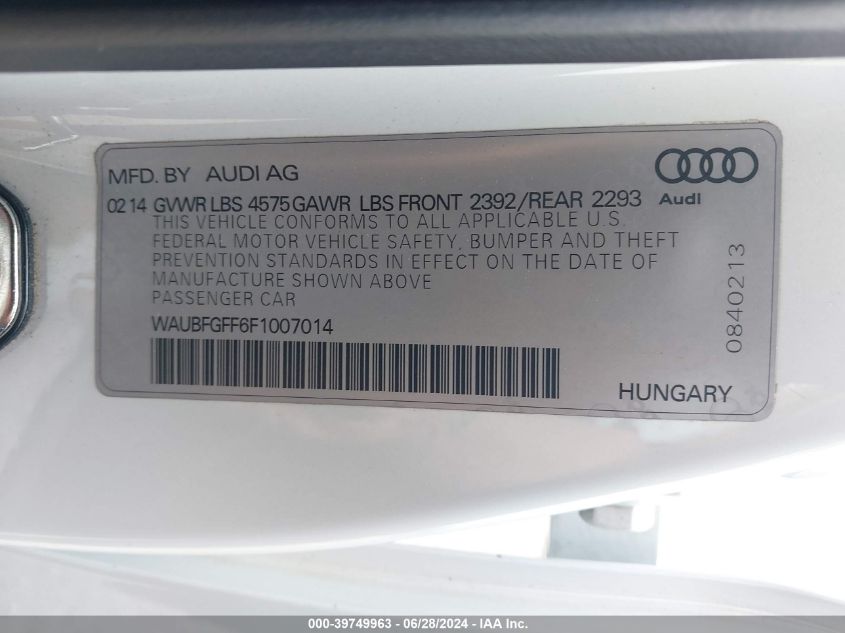 2015 Audi A3 2.0T Premium VIN: WAUBFGFF6F1007014 Lot: 39749963