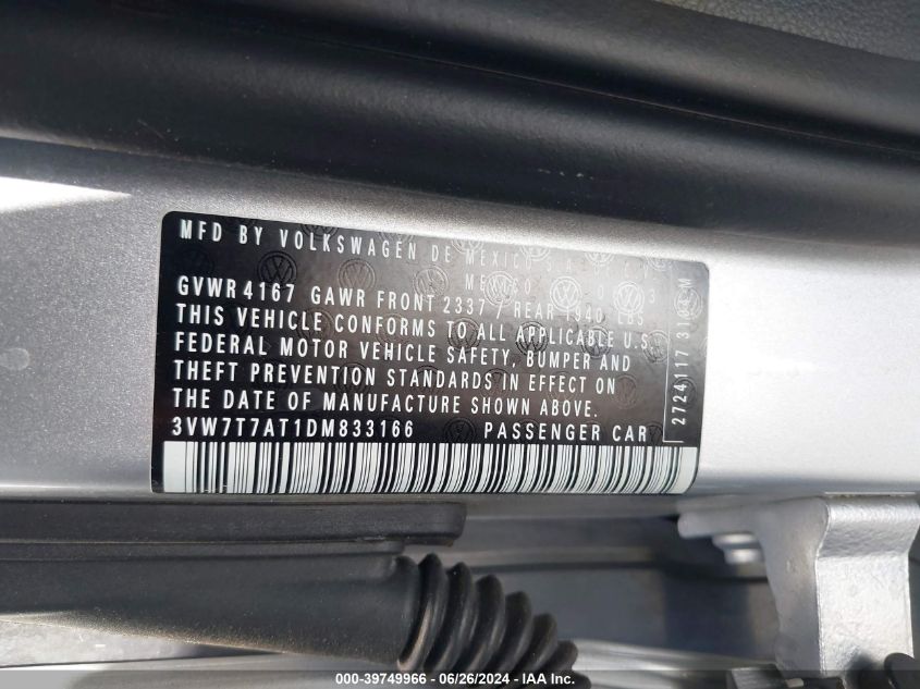 2013 Volkswagen Beetle 2.0T VIN: 3VW7T7AT1DM833166 Lot: 39749966