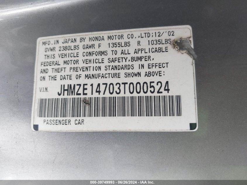 JHMZE14703T000524 2003 Honda Insight Cvt