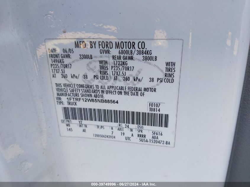 2005 Ford F150 VIN: 1FTRF12W85NB88564 Lot: 39749996