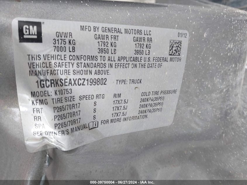 2012 Chevrolet Silverado K1500 Lt VIN: 1GCRKSEAXCZ199802 Lot: 39750004