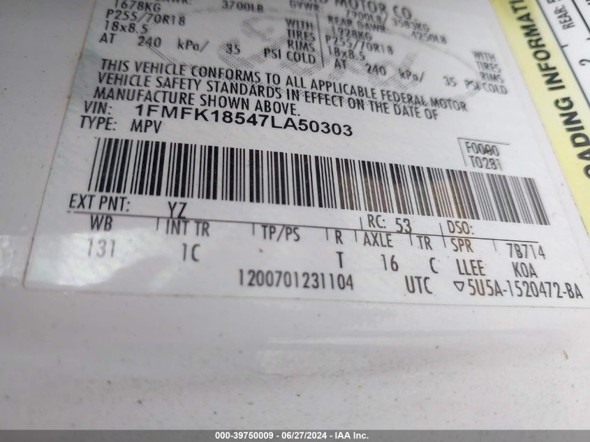 2007 Ford Expedition El Eddie Bauer VIN: 1FMFK18547LA50303 Lot: 39750009