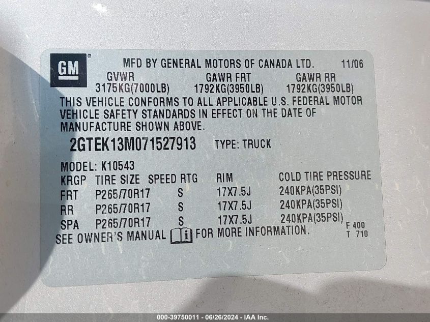 2007 GMC Sierra 1500 Work Truck VIN: 2GTEK13M071527913 Lot: 39750011