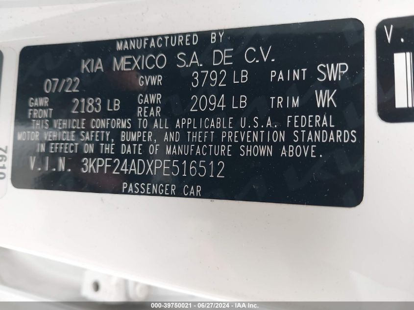 2023 Kia Forte Lxs VIN: 3KPF24ADXPE516512 Lot: 39750021