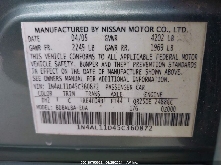 1N4AL11D45C360872 | 2005 NISSAN ALTIMA