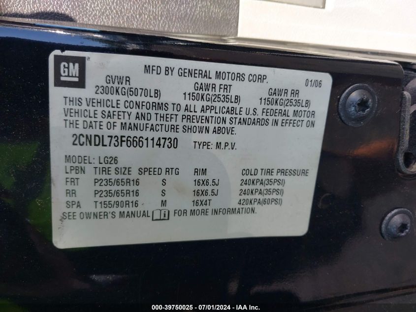 2006 Chevrolet Equinox Lt VIN: 2CNDL73F666114730 Lot: 39750025