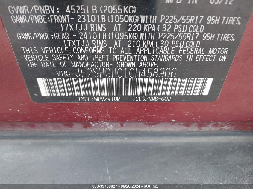 2012 Subaru Forester 2.5Xt Touring VIN: JF2SHGHC1CH458906 Lot: 39750027