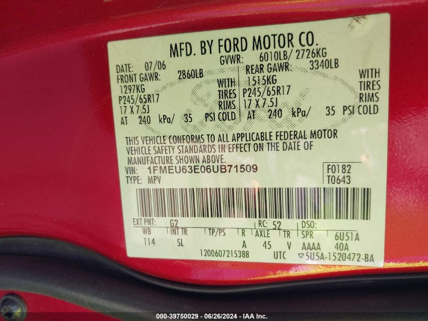 2006 Ford Explorer Xlt VIN: 1FMEU63E06UB71509 Lot: 39750029