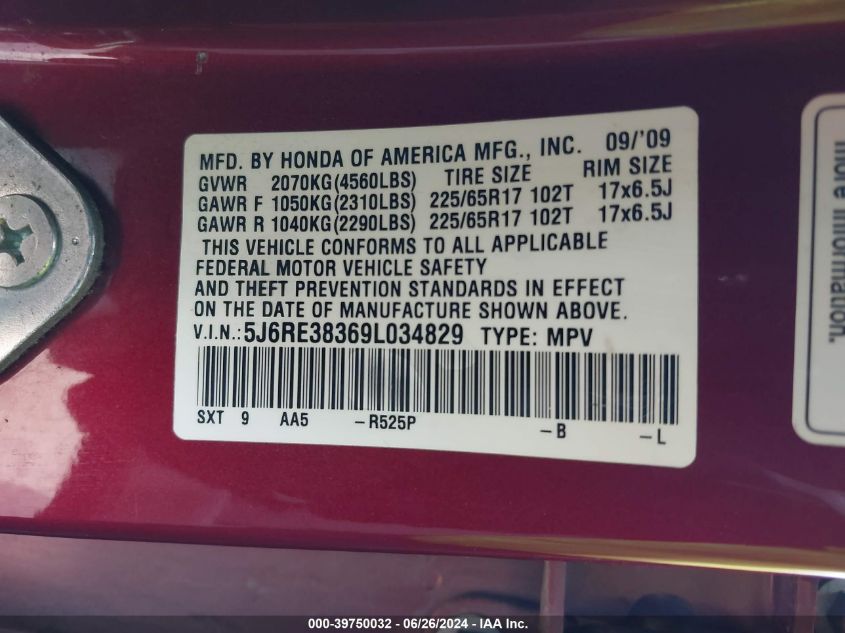 2009 Honda Cr-V Lx VIN: 5J6RE38369L034829 Lot: 39750032