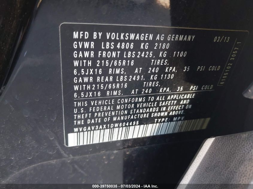 2013 Volkswagen Tiguan S/Se/Sel VIN: WVGAV3AX1DW604495 Lot: 39750035