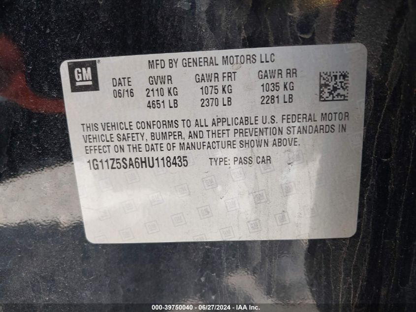 2017 Chevrolet Impala Ls VIN: 1G11Z5SA6HU118435 Lot: 39750040