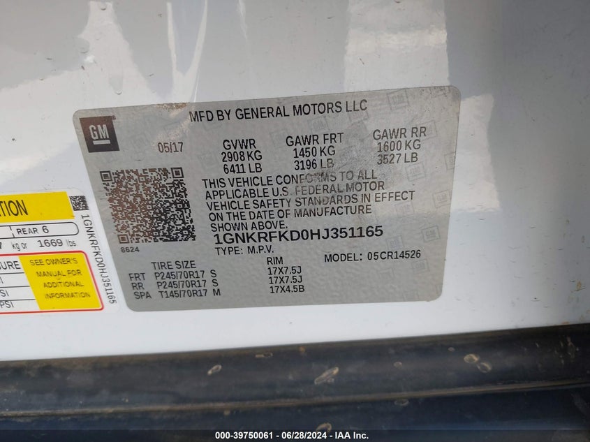 2017 Chevrolet Traverse Ls VIN: 1GNKRFKD0HJ351165 Lot: 39750061