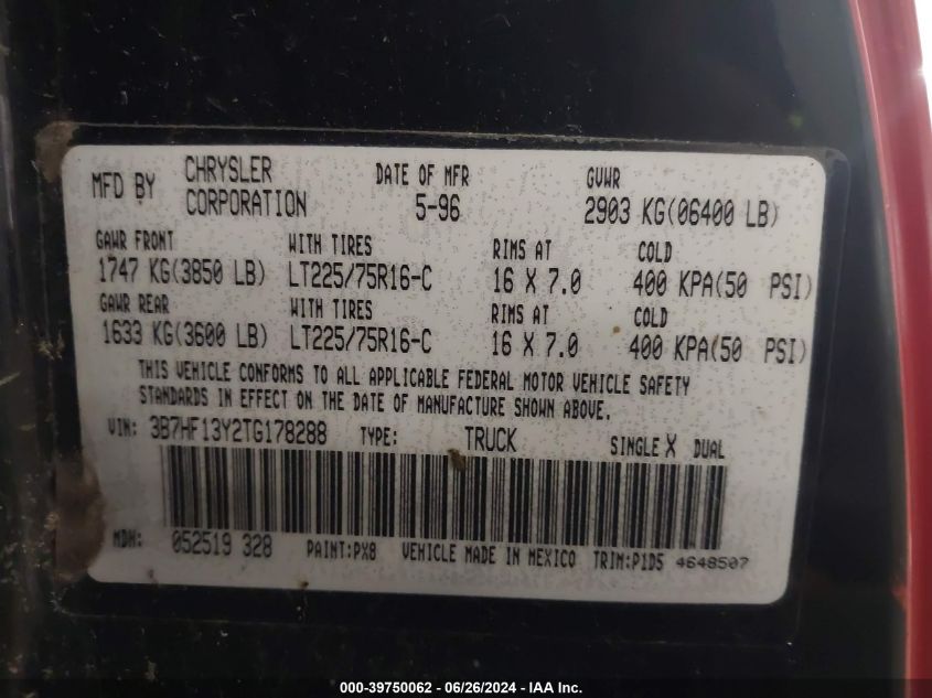 1996 Dodge Ram 1500 VIN: 3B7HF13Y2TG178288 Lot: 39750062