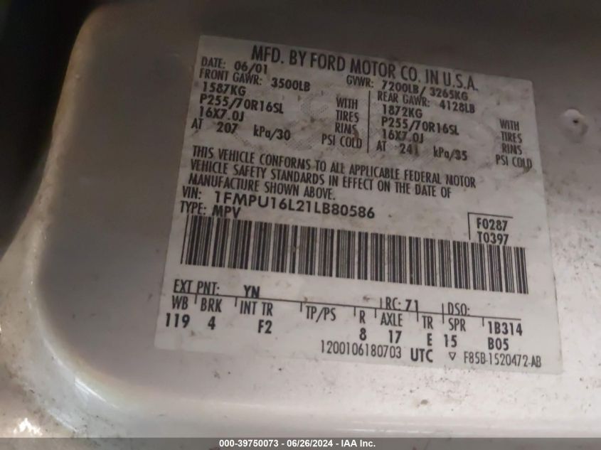 2001 Ford Expedition Xlt VIN: 1FMPU16L21LB80586 Lot: 39750073