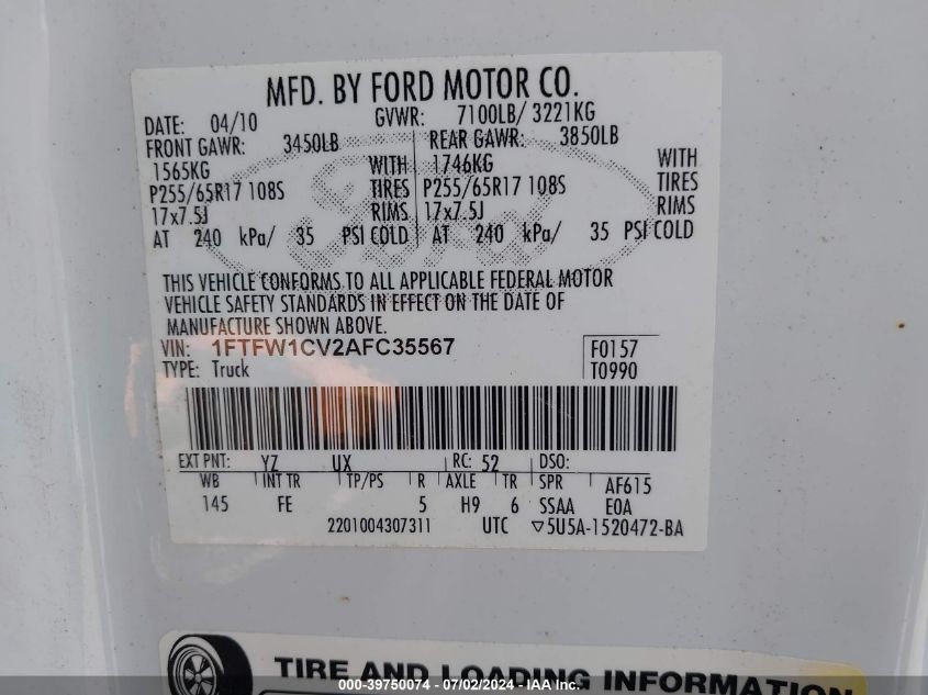 2010 Ford F-150 Fx2 Sport/Harley-Davidson/King Ranch/Lariat/Platinum/Xl/Xlt VIN: 1FTFW1CV2AFC35567 Lot: 39750074