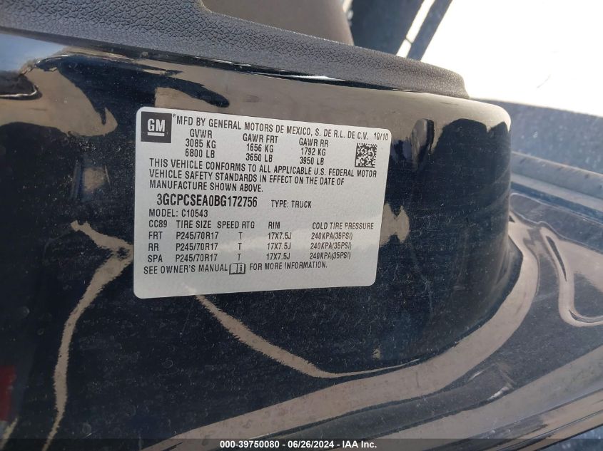 2011 Chevrolet Silverado 1500 Lt VIN: 3GCPCSEA0BG172756 Lot: 39750080