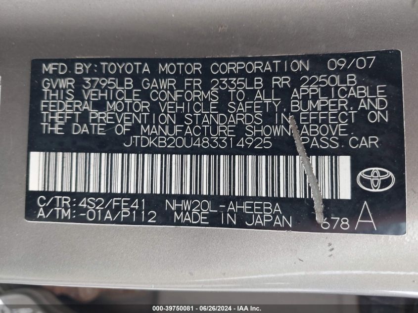 JTDKB20U483314925 2008 Toyota Prius