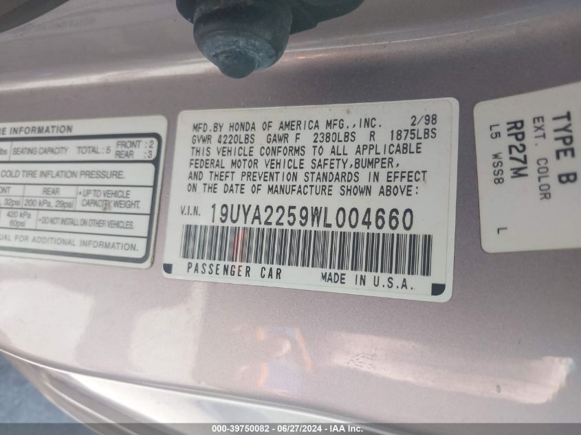 1998 Acura Cl 3.0 VIN: 19UYA2259WL004660 Lot: 39750082