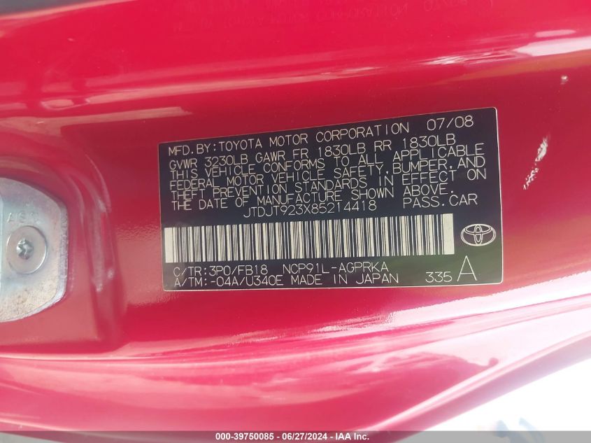 2008 Toyota Yaris VIN: JTDJT923X85214418 Lot: 39750085
