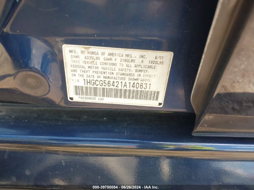 2001 Honda Accord 2.3 Lx VIN: 1HGCG56421A140631 Lot: 39750084