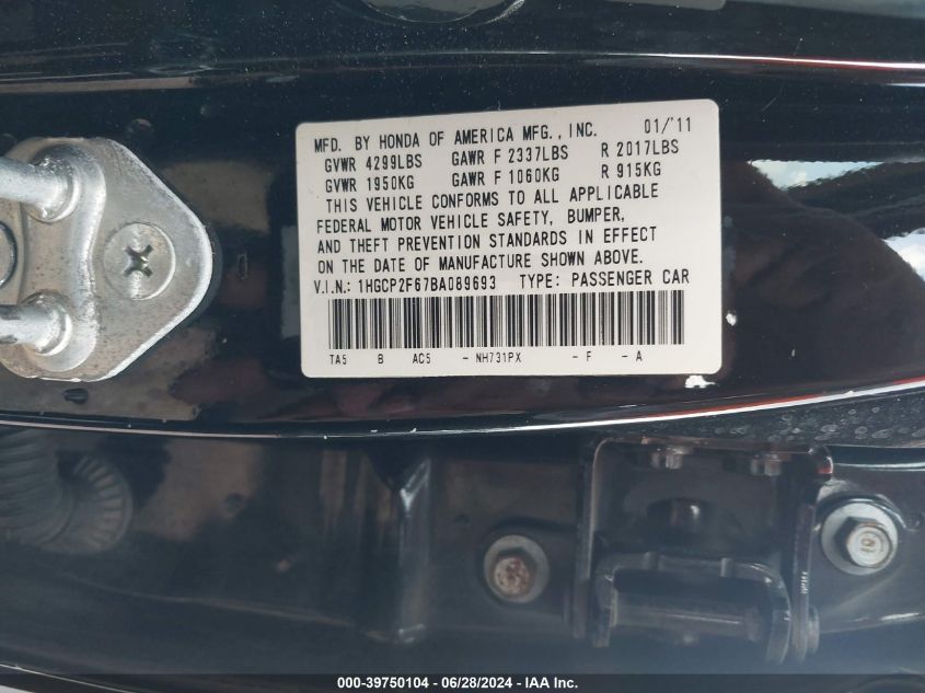 2011 Honda Accord 2.4 Se VIN: 1HGCP2F67BA089693 Lot: 39750104