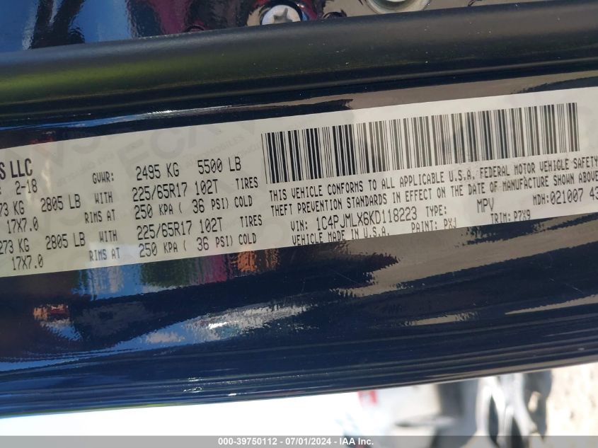 2019 Jeep Cherokee Latitude Plus 4X4 VIN: 1C4PJMLX6KD118223 Lot: 39750112