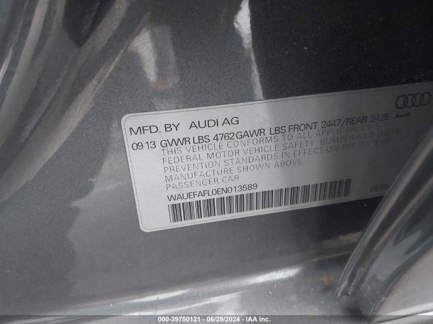 2014 Audi A4 2.0T Premium VIN: WAUEFAFL0EN013589 Lot: 39750121