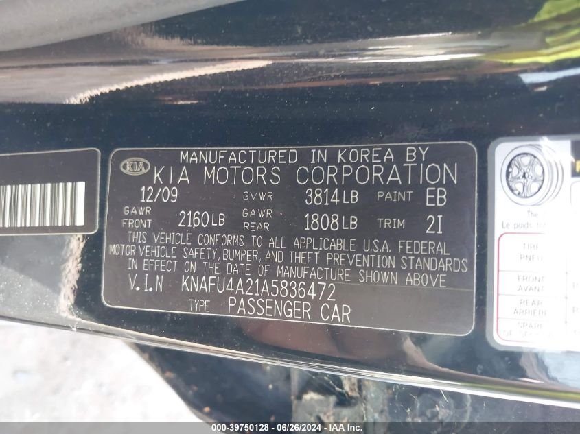 2010 Kia Forte Ex VIN: KNAFU4A21A5836472 Lot: 39750128