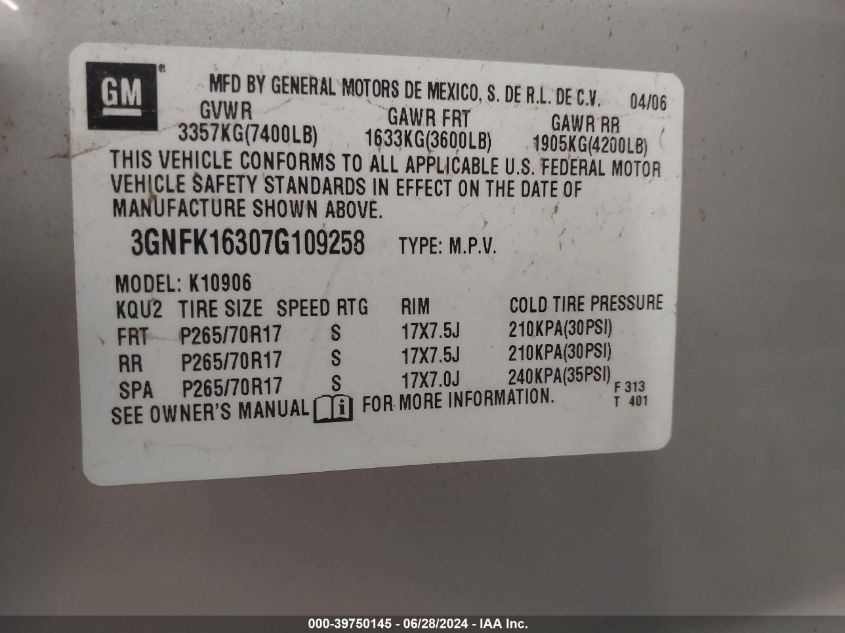 2007 Chevrolet Suburban 1500 Lt VIN: 3GNFK16307G109258 Lot: 39750145