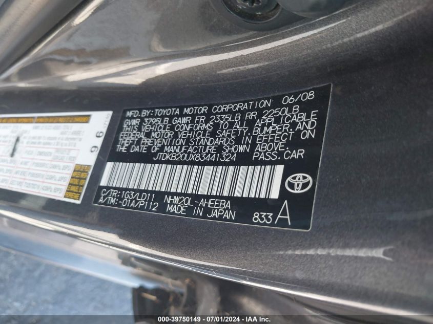 2008 Toyota Prius Touring VIN: JTDKB20UX83441324 Lot: 39750149