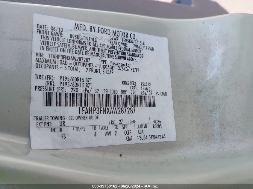 1FAHP3FNXAW287287 | 2010 FORD FOCUS