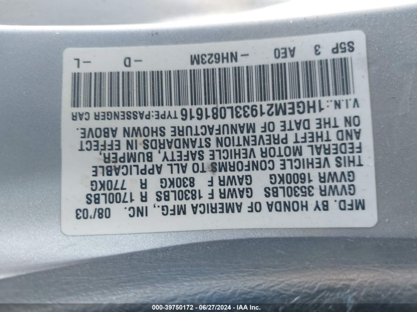 2003 Honda Civic Ex VIN: 1HGEM21933L081616 Lot: 39750172