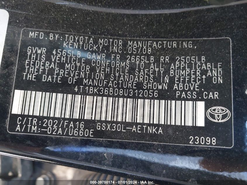 2008 Toyota Avalon Xl VIN: 4T1BK36B08U312056 Lot: 39750174