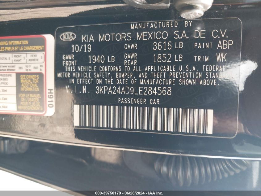 2020 Kia Rio S VIN: 3KPA24AD9LE284568 Lot: 39750179