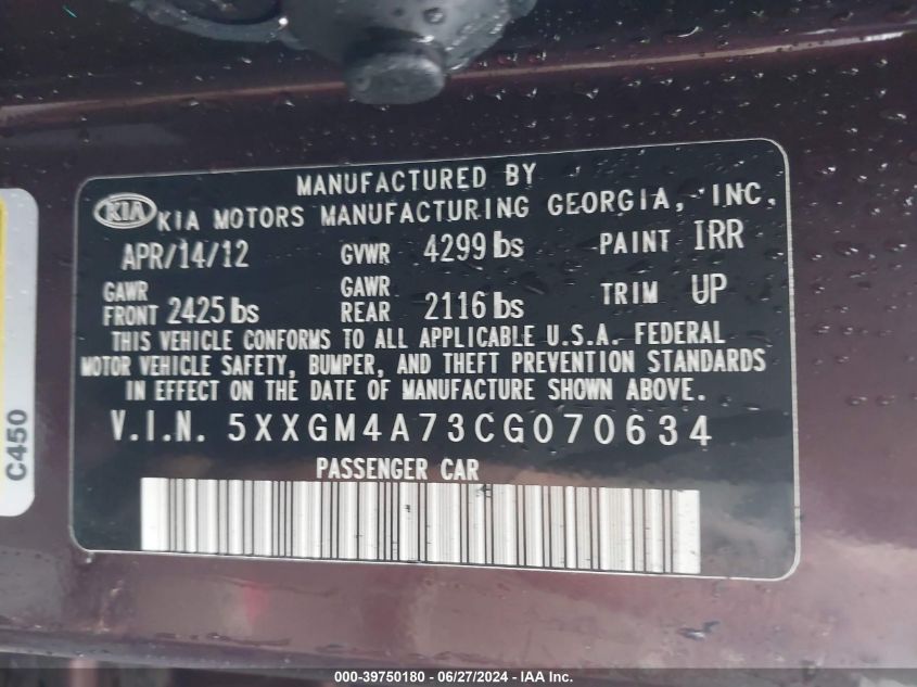 2012 Kia Optima Lx VIN: 5XXGM4A73CG070634 Lot: 39750180