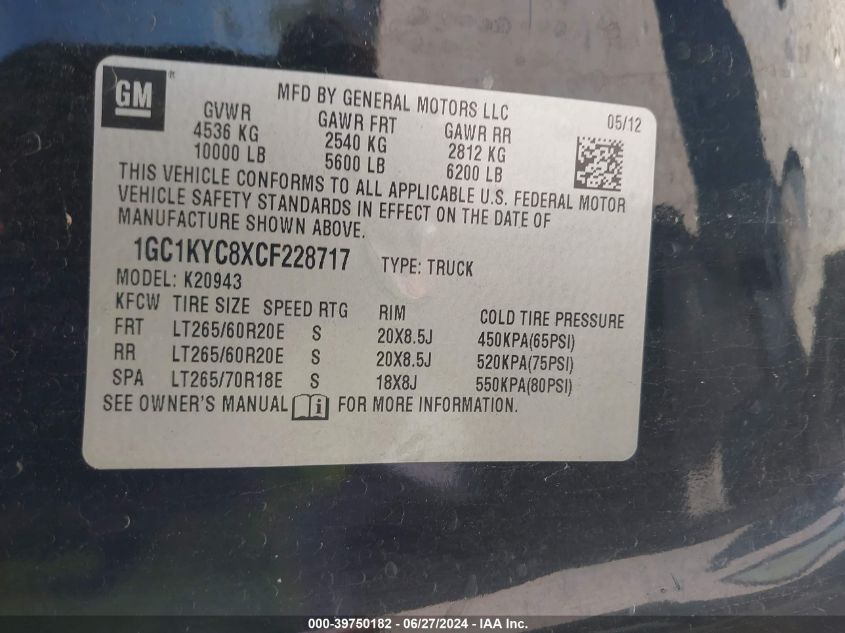 2012 Chevrolet Silverado 2500Hd Ltz VIN: 1GC1KYC8XCF228717 Lot: 39750182