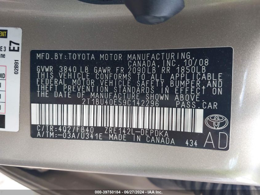 2009 Toyota Corolla Le VIN: 2T1BU40E59C142296 Lot: 39750184