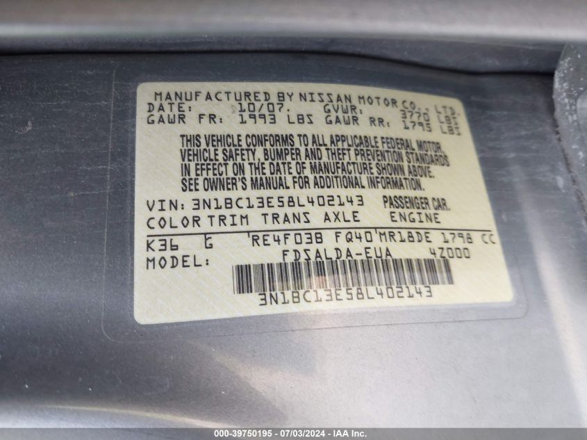 2008 Nissan Versa S/Sl VIN: 3N1BC13E58L402143 Lot: 39750195